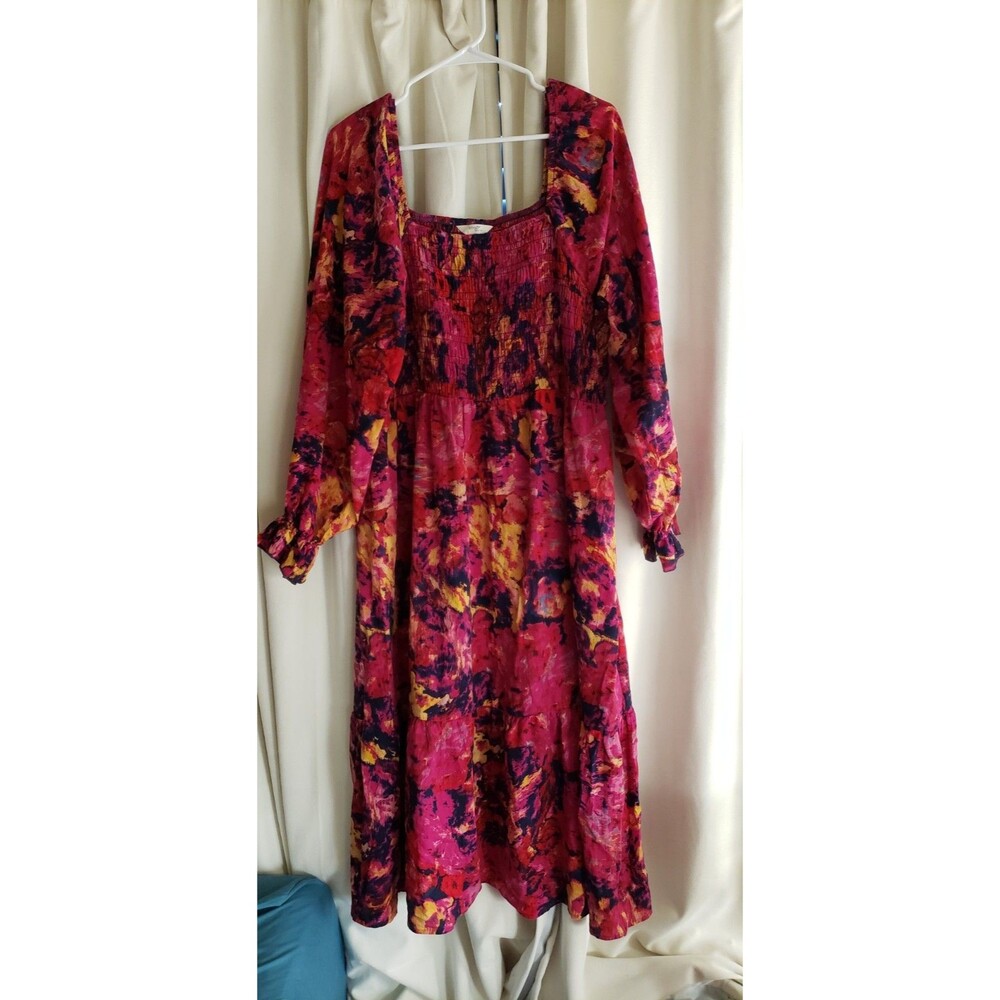Terra & Sky Plus Size 1X  Floral Peasant Dress Smocked Long Sleeve Boho Chic - Picture 2 of 9